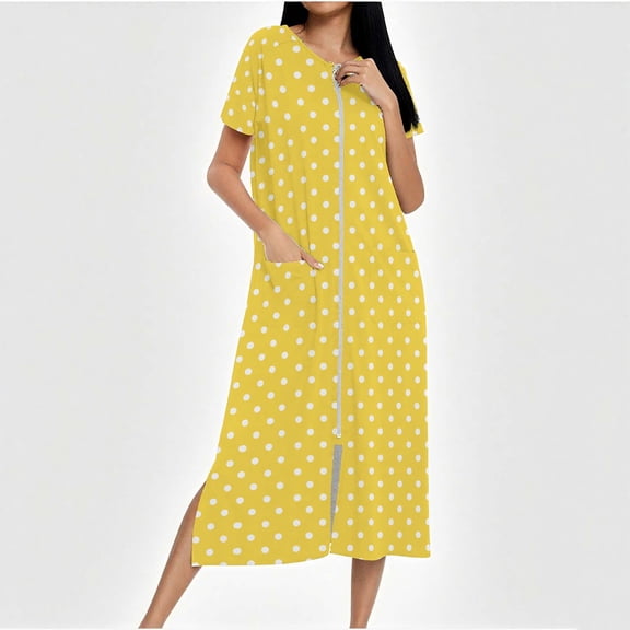 Xuniizn Nightgowns for Women, Plus Size Zipper Round Neck Polka Print Long Loungewear Nightgowns, Thin Soft Breathable Casual Relaxed Nightgowns