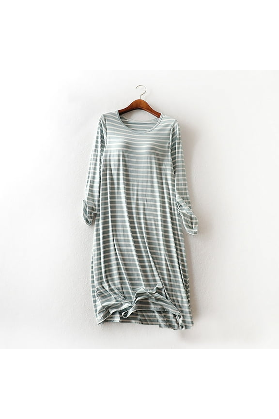 Nightgowns for Women, Striped Long SLeeves Crew Neck Casual Long Nightgowns with Pad, Soft Cozy Elegant Loose Fall Pajamas Dress, M-3X