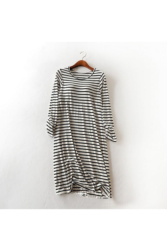 Nightgowns for Women, Striped Long SLeeves Crew Neck Casual Long Nightgowns with Pad, Soft Cozy Elegant Loose Fall Pajamas Dress, M-3X