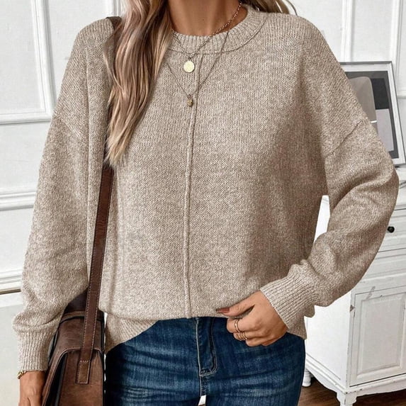 Xuniizn Oversized Sweaters for Women, Lightweight Solid Color Long Sleeve Crewneck Ribbed Cuffs Knitted Pullover Sweaters, Soft Cozy Fall Casual Outdoor Tops