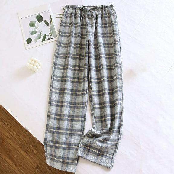 Xuniizn Pajamas Pants for Women, Elastic Waistband Drawstring Plaid Print Loungewear Pants with Pockets, Thin Cozy Casual Pants