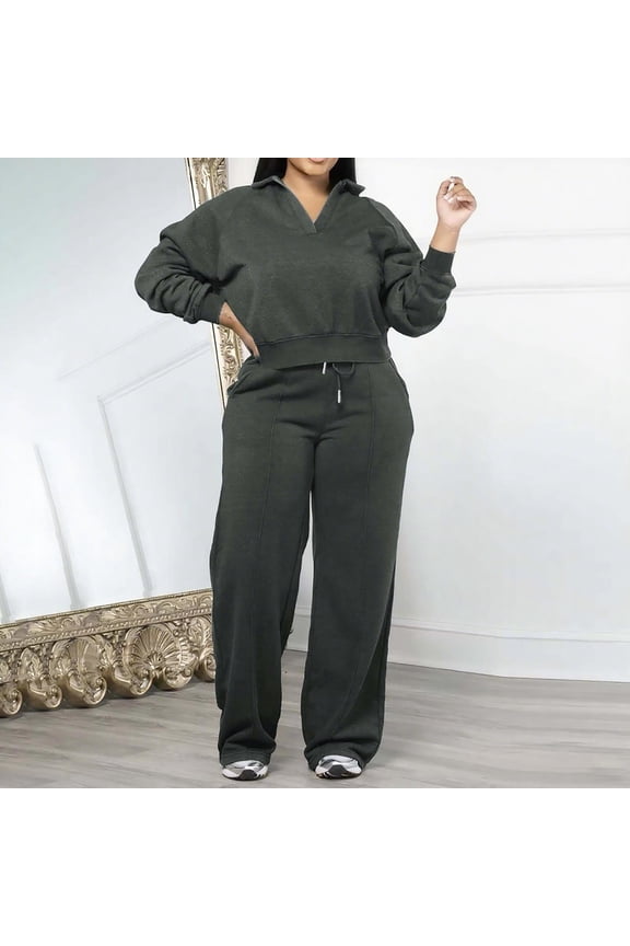 Plus Size 2PC Sets for Women, Long Sleeve V Neck Solid Color Sweatshirts Pullover and Side Pockets Drawstring Straight Casual Pants, Soft Comfortable Thick Thermal Track Suits