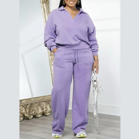 Xuniizn Plus Size 2PC Sets for women, Long Sleeve V Neck Solid Color Sweatshirts Pullover and Side Pockets Drawstring Straight Casual Pants, Soft Comfortable Thick Thermal Track Suits