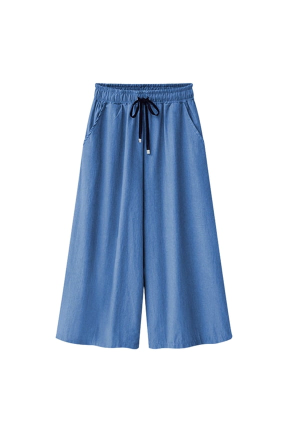 Plus Size Capris Jeans Women, Elastic Waist Drawstring Wide Leg Blue Vintage Jeans, Lightweight Soft Cozy Loose Outdoor Casual Pants, S-5XL