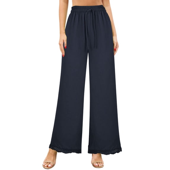 Xuniizn Plus Size Pants for Women, Drawstring Elastic High Waist Lace Hem Wide Leg Yoga Pants, Lightweight Breathable Soft Cozy Casual Loose Sweatpants, S-5XL