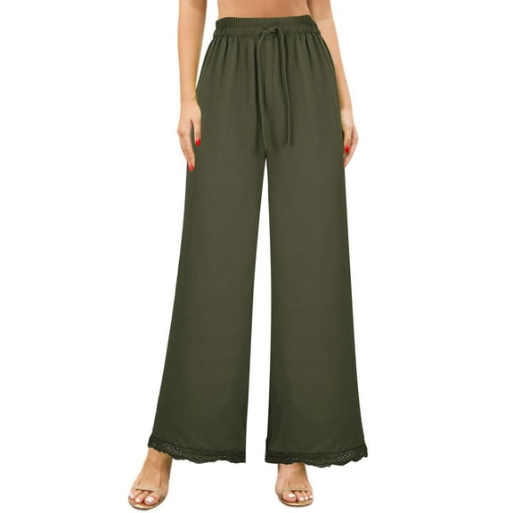 Xuniizn Plus Size Pants for Women, Drawstring Elastic High Waist Lace Hem Wide Leg Yoga Pants, Lightweight Breathable Soft Cozy Casual Loose Sweatpants, S-5XL