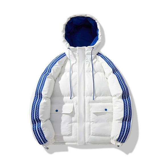 Xuniizn Puffer Jacket Men, Front Pockets Color Block Drawstring Hooded Winter Windproof Coats, Thick Thermal Soft Comfortable Jackets, M-4XL