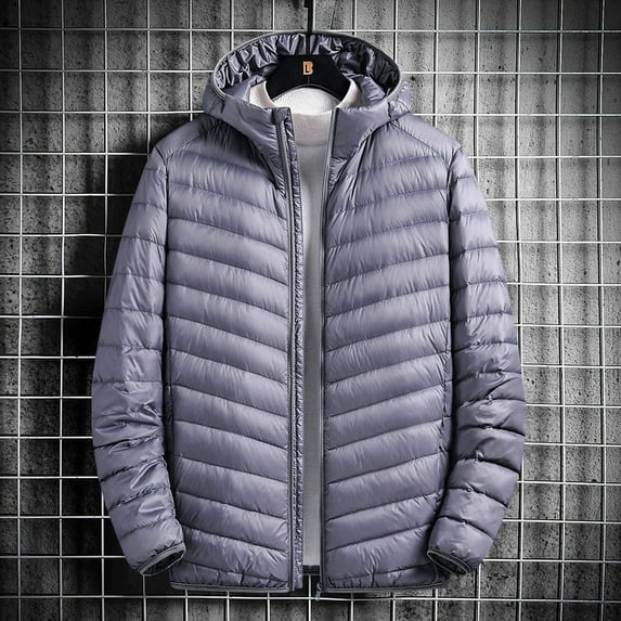 Xuniizn Puffer Jacket Men, Zipper Pockets Solid Color Packable Big Tall Long Sleeve Hooded Quilted Jackets, Lightweight Soft Comfortable Thermal Casual Winter Coats