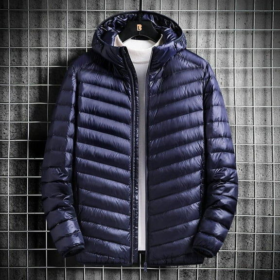Xuniizn Puffer Jacket Men, Zipper Pockets Solid Color Packable Big Tall Long Sleeve Hooded Quilted Jackets, Lightweight Soft Comfortable Thermal Casual Winter Coats