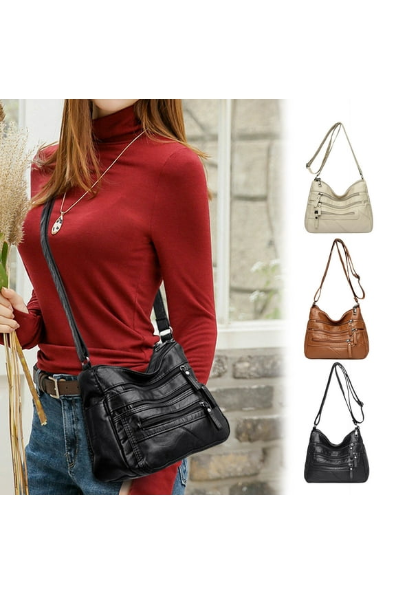 Purses for Women, Purse - Soft Washed Leather Shoulder Bag for Women, Multi-Zip Spacious Handbags with Large Capacity – Perfect for Daily Use, Travel, Work & Shopping, Black