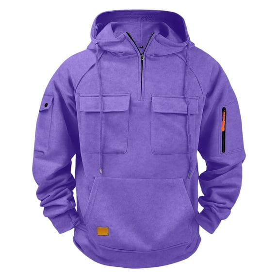 Xuniizn Quarter Zip Pullover Men, Plus Size Multi Pockets Solid Color Drawstring Athletic Running Gym Hoodies Pullover, Soft Comfortable Thick Thermal Hiking Climbing Casual Sweatshirts