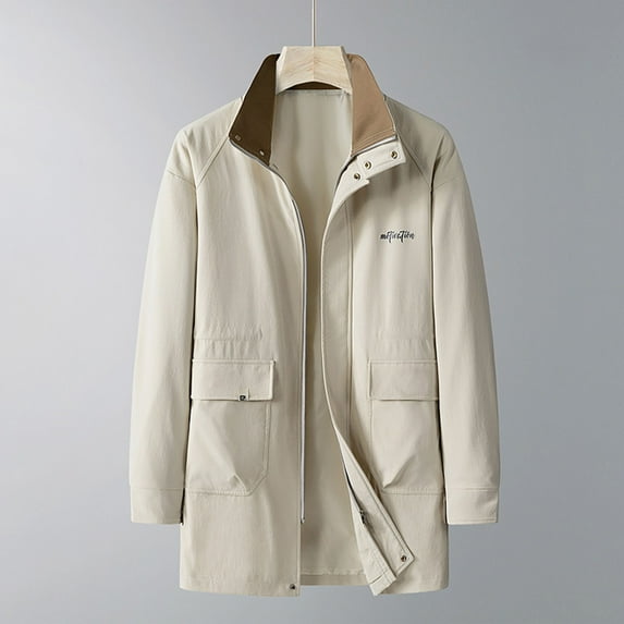 Xuniizn Rain Jacket Men, Big Tall Mid Length Stand Collar Solid Color Winter Shirt Jackets with Pockets, Soft Cozy Trendy Casual Thermal Coats, L-5XL