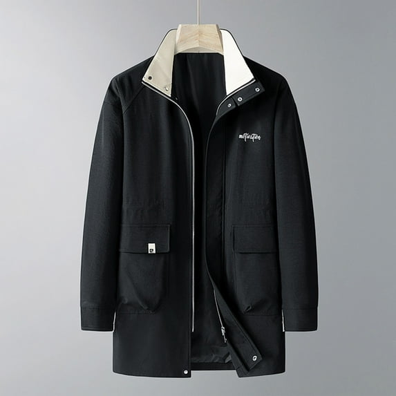 Xuniizn Rain Jacket Men, Big Tall Mid Length Stand Collar Solid Color Winter Shirt Jackets with Pockets, Soft Cozy Trendy Casual Thermal Coats, L-5XL