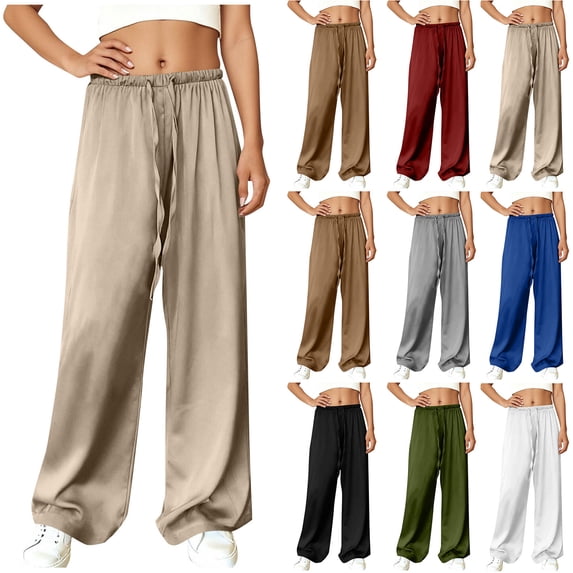 Xuniizn Satin Pants for Women Pleated Casual High Waist Pull On Flowy Silk Pants Light Breathable Baggy Trendy Long Trousers, S-2XL