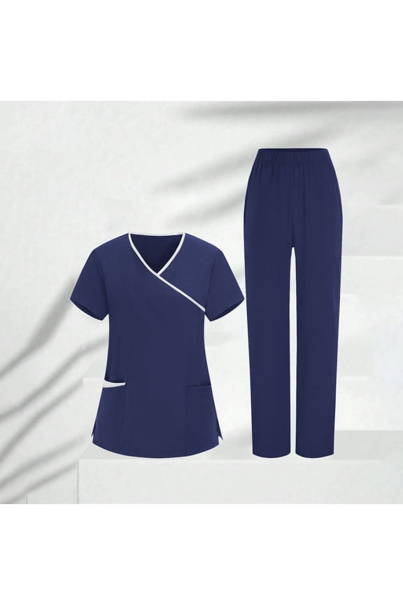 Scrub Sets for Woman V Neck Pockets Tops with Elastic Waist Jogger Pants 2 Piece Medical Nurse Scrubs Plus Size Stretch Healthcare Uniform Set, S-3XL