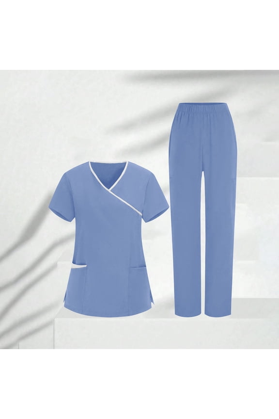 Scrub Sets for Woman V Neck Pockets Tops with Elastic Waist Jogger Pants 2 Piece Medical Nurse Scrubs Plus Size Stretch Healthcare Uniform Set, S-3XL