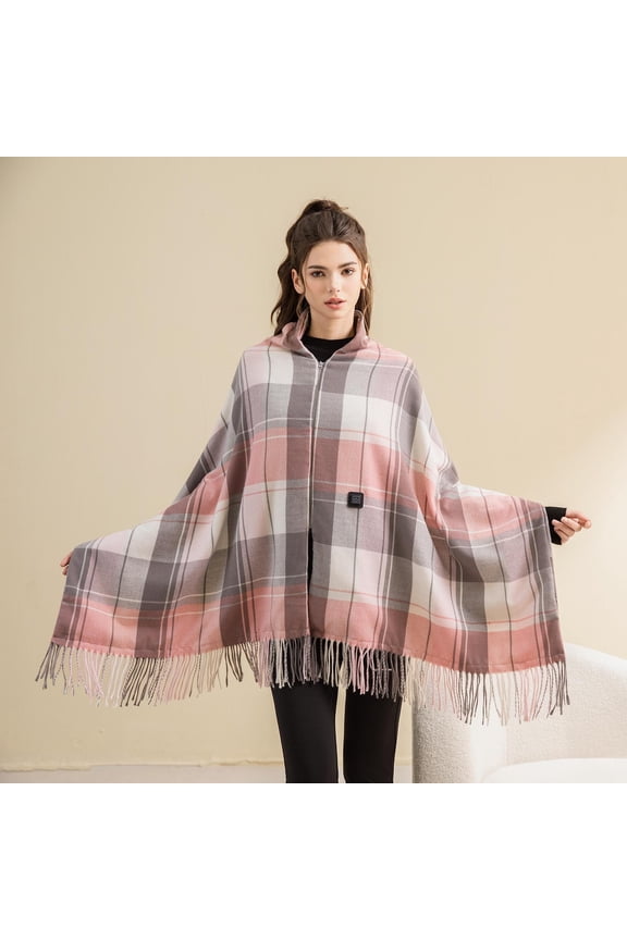 Shawl Wraps for Women USB Heated Warm Cozy Plaid Knitted Sweater Shawl with Zipper Elegant Open Front Poncho Scarf Blanket Fall Winter Cardigan Pashmina Wraps, 78.7 x 26.7 Inch