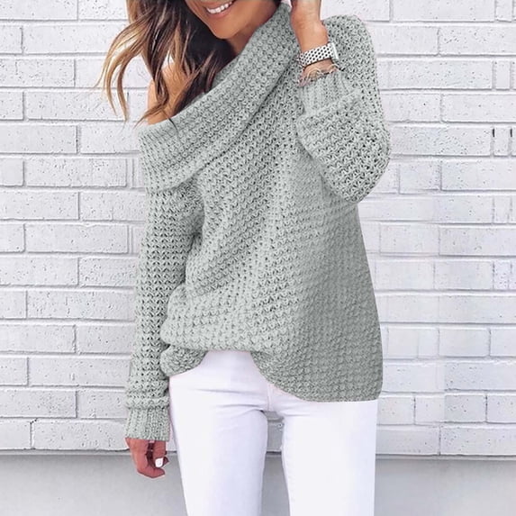 Xuniizn Off the Shoulder Sweater for Women, Turtleneck Solid Color Long Sleeve Ribbed Cuffs Knitted Pullover Sweaters, Lightweight Breathable Soft Comfortable Fall Trendy Outdoor Tops