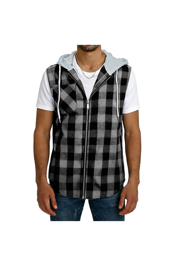 Sleeveless Flannel Shirts for Men Plaid Print Zipper Hooded Shirts Relaxed Fitted Fashion Flannel Shirt Vest