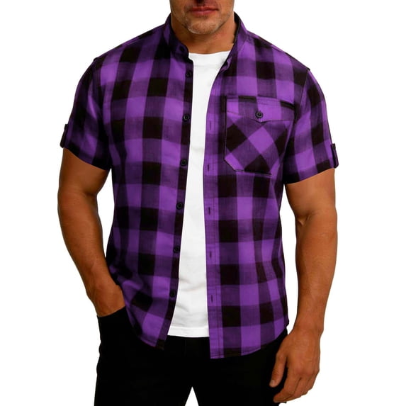 Xuniizn Stand Collar Plaid Flannel Shirts For Men Short Sleeve Button Down T Shirts with Chest Pocket Fashion Casual Tops