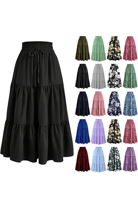 Summer Casual Maxi Red Skirts for Women High Waist A-Line Boho Flowy Beach Vacation Long Skirt High Waisted Pleated Trendy Skirts with Pockets, S-2XL