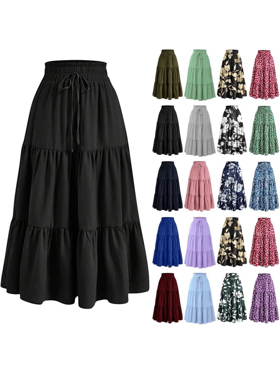Summer Casual Maxi Skirts for Women High Waisted Boho Flowy Beach Vacation Long Skirt Pleated Trendy Skirts with Pockets Black L