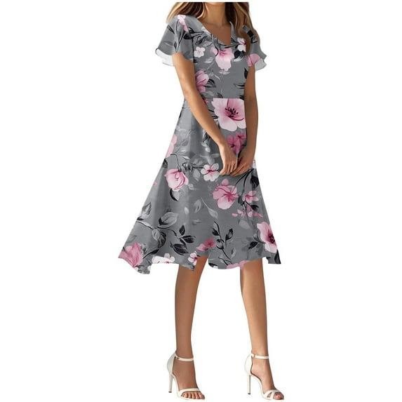 Xuniizn Summer Dresses for Women Floral Print V Neck Ruffle Sleeve Beach Flowy Sundress Holiday Casual Breathcble Slim A-Line Boho Midi Dress, S-2XL