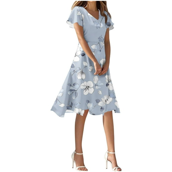 Xuniizn Summer Dresses for Women Floral Print V Neck Ruffle Sleeve Beach Flowy Sundress Holiday Casual Breathcble Slim A-Line Boho Midi Dress, S-2XL