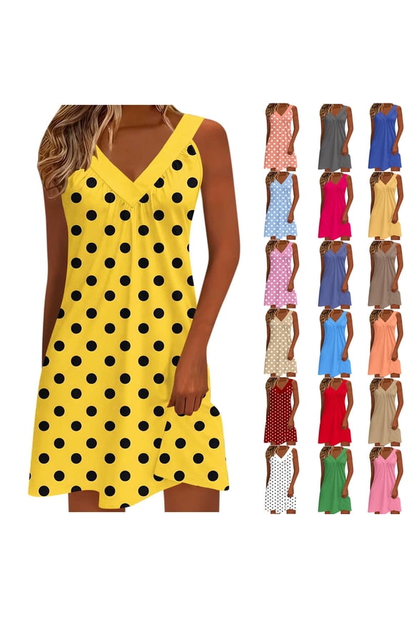 Summer Dresses for Women Sleeveless V Neck Polka Dot Boho Beach Holiday Dress Casual Soft Loose Petite Tank Dresses L