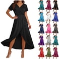thumbnail image 1 of Xuniizn Summer Maxi Dresses Women Short Sleeve V Neck High Low Flowy Formal Wedding Guest Dress Fashion Stretchy Slim Cocktail Party Dress, S-3XL, 1 of 7