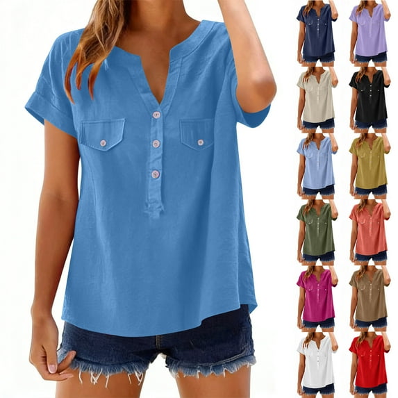 Xuniizn T Shirts for Women Short Sleeve Button V Neck Cotton Linen Solid Casual Breathable Summer Tops Soft Cozy Lightweight Tunic Blouses & Shirts, S-2XL