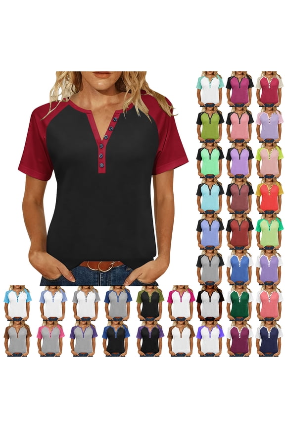T Shirts for Women Button Down Henley Neck Color Block Short Sleeve Shirts Loose Fitting Trendy Versatile Summer Tops S