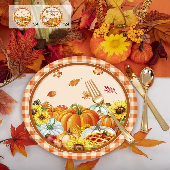 Xuniizn Thanksgiving Plates 24Pcs Fall & Thanksgiving Paper Plates for Fall Decor - 7x7" Fall & Thanksgiving Plates Disposable for Friends Party Daily Use, Fall Decorations for Home