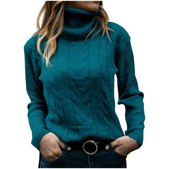 Xuniizn Turtleneck Tops for Women, Chunky Cable Knit Solid Color Slim Long Sleeve Pullover Sweaters, Thick Insulated Soft Cozy Stylish Classic Outdoor Casual Sweater Tops