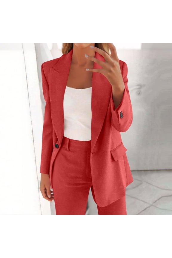 Women's Business Suits, Long Sleeve Open Button Pocket Solid Color Formal Office Blazer and Slim Pants, Soft Comfortable Elegant Workwear Casual Matching Sets, S-5Xl