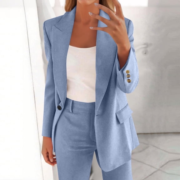Xuniizn Women's Business Suits, Open Button Long Sleeve Collared Neck Slim Work Office Blazer Jackets and Tapered Formal Pants, Soft Comfy Trendy Elegant Casual Suits