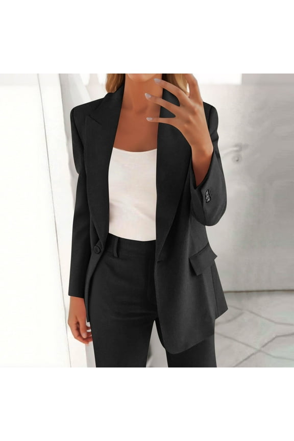 Women's Business Suits, Open Button Long Sleeve Collared Neck Slim Work Office Blazer Jackets and Tapered Formal Pants, Soft Comfy Trendy Elegant Casual Suits