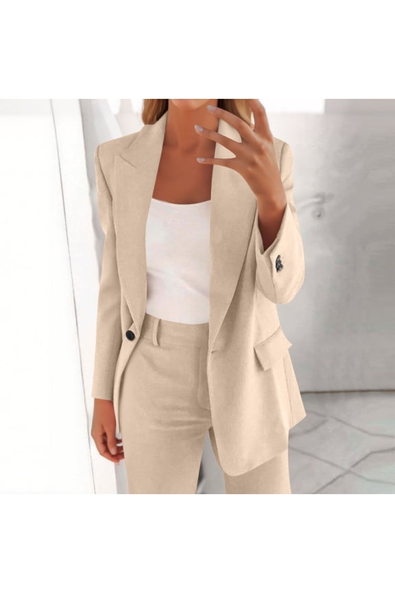 Women's Business Suits, Open Button Long Sleeve Collared Neck Slim Work Office Blazer Jackets and Tapered Formal Pants, Soft Comfy Trendy Elegant Casual Suits