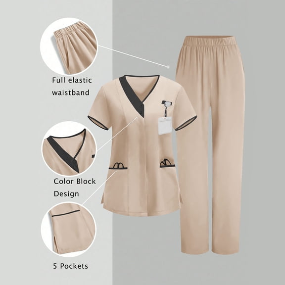 Xuniizn Womens Scrub Sets Button V Neck Short Sleeve Nurse Tops with Elastic Medical Joggers Pants 5 Pockets Plus Stretch Soft Breathable Healthcare Scrubs, S-3XL