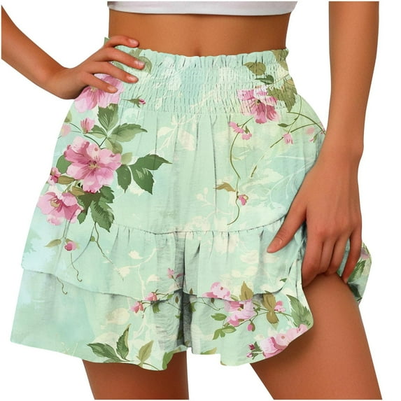 Xuniizn Womens Summer Casual Ruffle Shorts High Waisted Floral Tiered Relaxed Fitted Fashion Beach Shorts Breathable Flowy Skorts, S-2XL