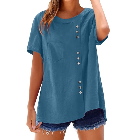 Xuniizn Womens T Shirts Cotton Linen Solid Crewneck Casual Loose Breathable Beach Tops with Pocket Soft Cozy Summer Holiday Versatile Pullover Blouses, S-2XL