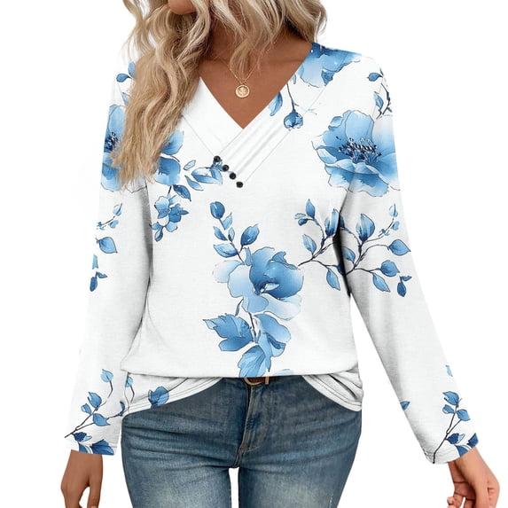 Xuniizn Womens Tops Women's Long Sleeve Tops Floral Tunics V Neck Blouses Fashion Casual Tops, Fall Clothes 2025