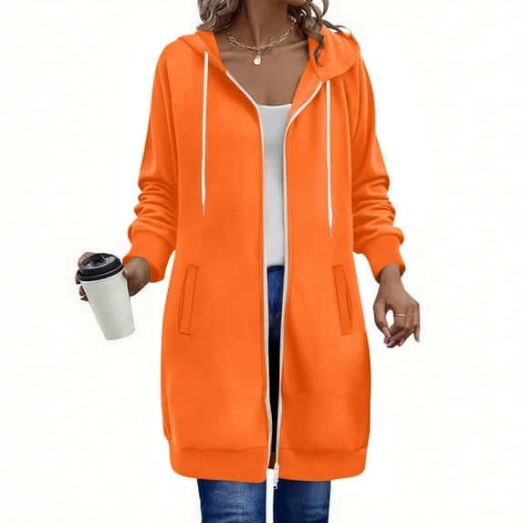 Xuniizn Womens Zip Up Hoodies, Oversized Solid Color Drawstring Long Fall Casual Sweatshirts with Pockets, Soft Comfortable Lightweight Winter Jackets