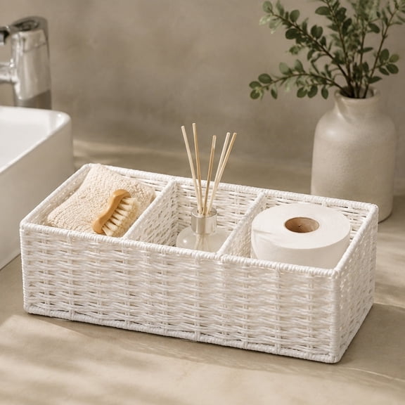 Xuniizn Woven Storage Basket 14.2x6.3x3.9in, 3-Compartment Toilet Paper Storage Holder, Decorative Wicker Basket for Bathroom, Vanity, Shelf & Boho Farmhouse Organizer