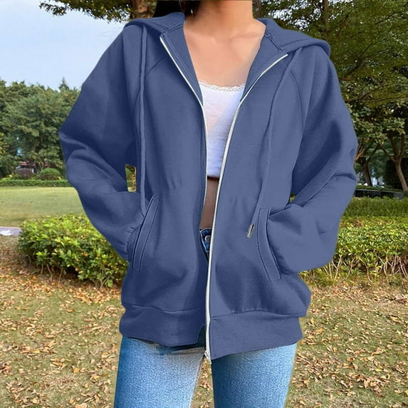 Xuniizn Zip Up Hoodies for Women, Plus Size Drawstring Solid Color Full-Zip Fall Hoodies with Pockets, Lightweight Soft Casual Sweatshirts