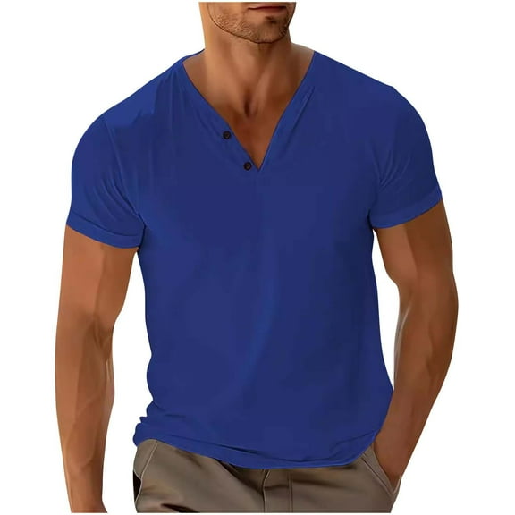 Xunlbb 50% Off Clear! Man Fashion Leisure Solid Color V-neck Ventilation Motion Short Sleeve Gift for Mmen, Blue S