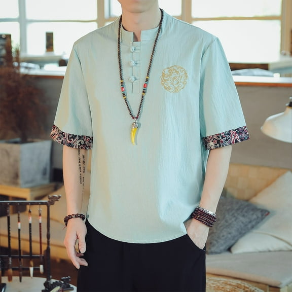 Xunlbb 50% Off Clear! Men Solid Knot V-Neck Casual Short-sleeved Half Sleeve Chinoiserie Tangzhuang T-shirt Gift for Mmen, Mint Green 4XL