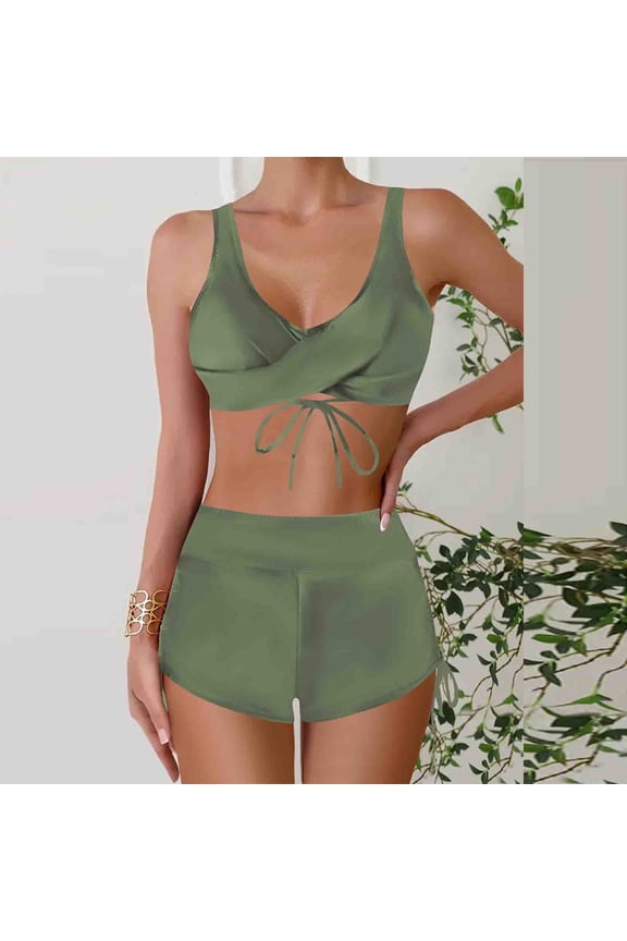 Bathing Suits for Women Women Plus Size Solid Color Swimsuit Bikini Split Swimsuit Suit Racerback Tops with Bikinis Bottom, Size S-3XL
