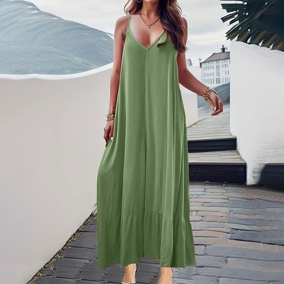 Xunlbb Beach Tank Top Dress Women's Fashion V-Neck Suspenders Solid Color Gown Ankle-length Dress, S-5XL