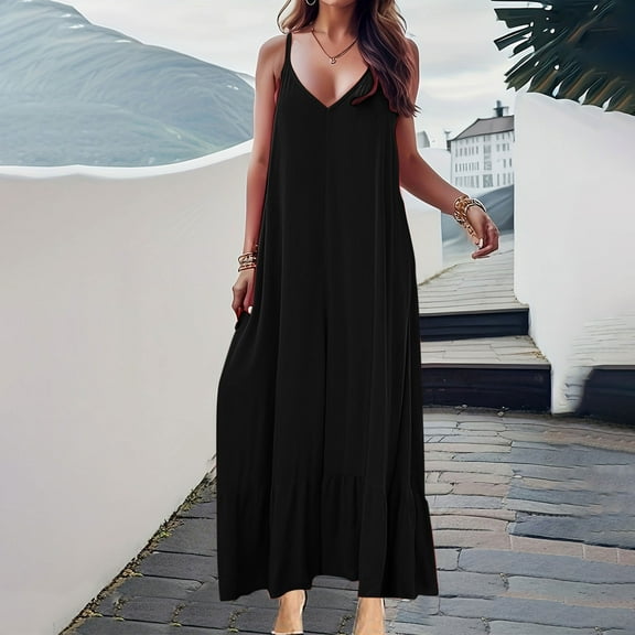 Xunlbb Beach Tank Top Dress Women's Fashion V-Neck Suspenders Solid Color Gown Ankle-length Dress, S-5XL